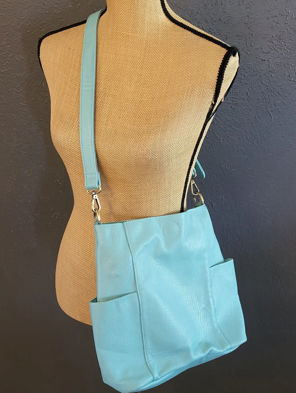 Kayleigh Side Pocket Bucket Bag Aquamarine Pebbled Vegan Leather